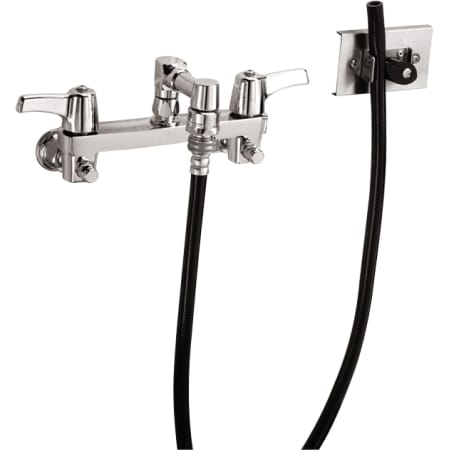 Delta Double Handle Ceramic Disc Wallmount Faucet with Lever Blade Handles Short Spout and Vacuum Breaker Aerator with Hose from the Commercial Series Chrome