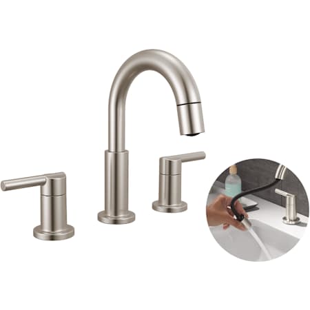 Delta Nicoli 1.2 GPM Widespread Bathroom Faucet with Pull Down Spout and Push Pop-Up Drain Assembly Brilliance Stainless