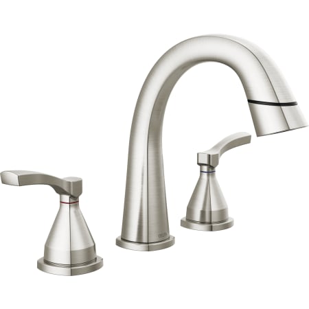 Delta Stryke 1.2 GPM Widespread Bathroom Faucet with Pull Down Wand and Push Pop-Up Drain Assembly Lumicoat Stainless