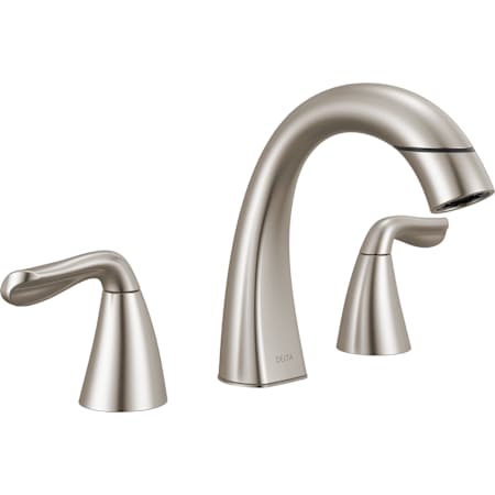 Delta Arvo 1.2 GPM Widespread Bathroom Faucet with Pull Down Spout and Push Pop-Up Drain Assembly SpotShield Brushed Nickel