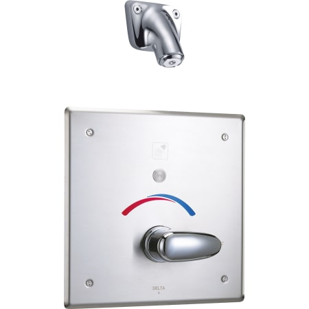 Delta Push Button Hardwire Metering Electronic Shower System with 10" Control Box Pressure Balancing Mixing Valve and Vandal Resistant Single Function Shower Head from the Commercial Series Chrome