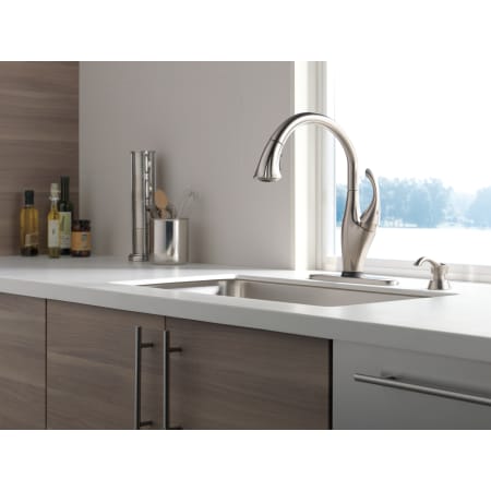 Delta-9192T-SD-DST-Installed Faucet in Use in Brilliance Stainless with Soap Dispenser