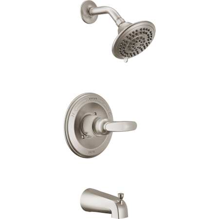 Delta Foundations Cartridge Shower System with Shower Head, Tub Spout, Shower Arm, and Valve Trim - Less Rough In Brilliance Stainless