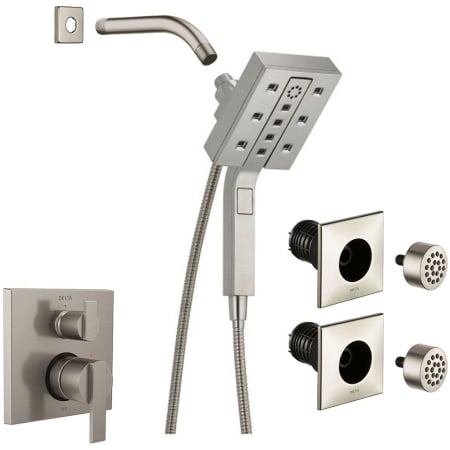Delta Ara Pressure Balanced Shower System with Shower Head, Shower Arm, Hand Shower, Bodysprays, Hose, Valve Trim and MultiChoice Rough-In Brilliance Stainless