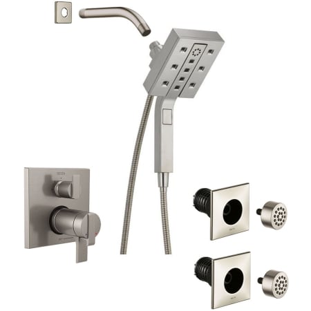Delta Ara Pressure Balanced Shower System with Shower Head, Shower Arm, Hand Shower, Bodysprays, Hose, Valve Trim and MultiChoice Rough-In Brilliance Stainless