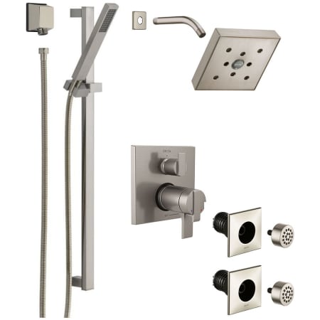 Delta Ara Pressure Balanced Shower System with Shower Head, Shower Arm, Hand Shower, Slide Bar, Bodysprays, Hose, Valve Trim and MultiChoice Rough-In Brilliance Stainless