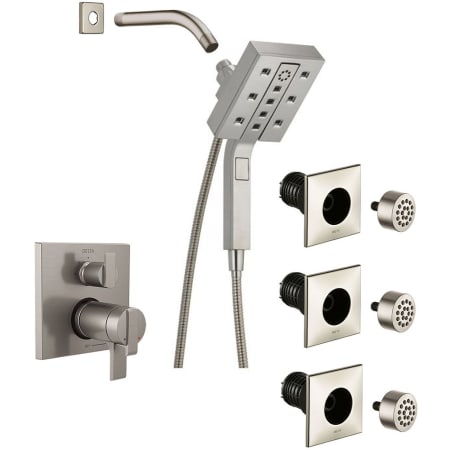 Delta Ara Thermostatic Shower System with Shower Head, Shower Arm, Hand Shower, Bodysprays, Hose, Valve Trim and MultiChoice Rough-In Brilliance Stainless
