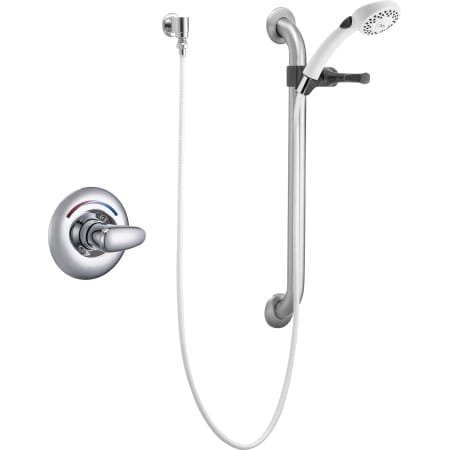 Delta Single Handle Shower Valve Trim Less Shower Head with Metal Lever Handle and Personal Hand Shower with 24" Combination Grab / Slide Bar from the Commercial Series Chrome