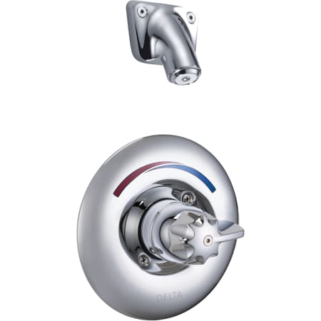 Delta Single Handle Shower Valve Trim with Metal Blade Handle and Vandal Resistant Single Function Shower Head from the Commercial Series Chrome