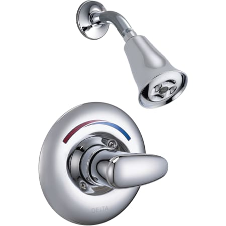 Delta Single Handle Shower Valve Trim with Metal Lever Handle and H2Okinetic Single Function Shower Head from the Commercial Series Chrome