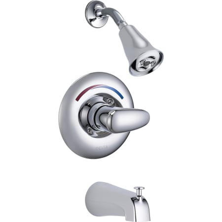 Delta Single Handle Tub and Shower Valve Trim with Metal Lever Handle and H2OKinetic Single Function Shower Head from the Commercial Series Chrome