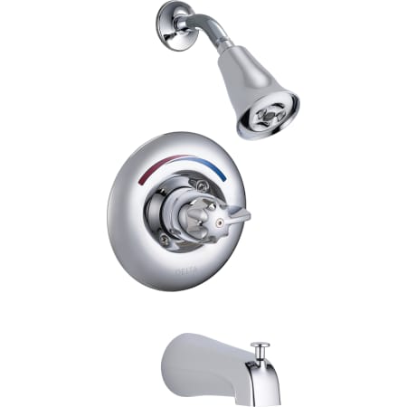 Delta Single Handle Tub and Shower Valve Trim with Metal Blade Handle and H2OKinetic Single Function Shower Head from the Commercial Series Chrome