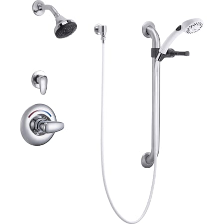 Delta Single Handle Shower Valve Trim with 1.5GPM Single Function Shower Head Personal Hand Shower 24" Grab / Slide Bar and Metal Lever Handles from the Commercial Series Chrome