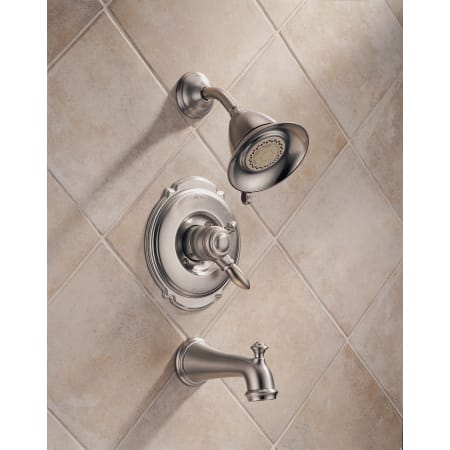 Delta-T17455-Installed Tub and Shower Trim in Brilliance Stainless