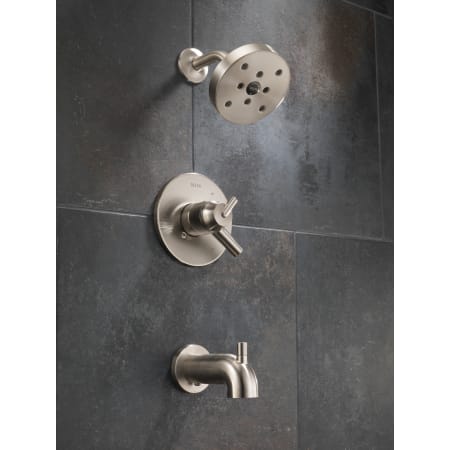 Delta-T17459-Installed Tub and Shower Trim in Brilliance Stainless