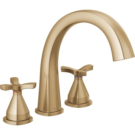 Delta Stryke Deck Mounted Roman Tub Filler with Arc Spout and Helo Style Handles Lumicoat Champagne Bronze