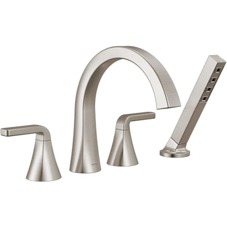 Delta Lineax Deck Mounted Roman Tub Filler with Built-In Diverter and Hand Shower Less Rough In Briliance Stainless