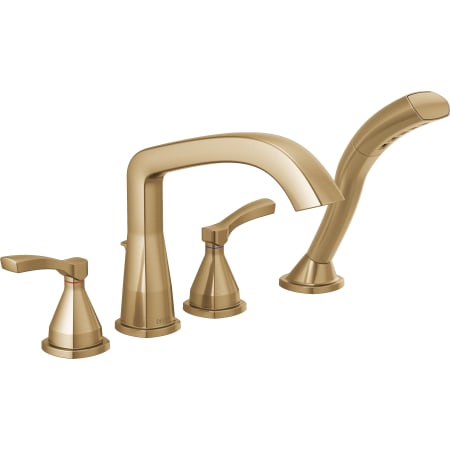Delta Stryke Deck Mounted Roman Tub Filler with Lever Handles and Built-In Diverter - Includes Hand Shower Lumicoat Champagne Bronze