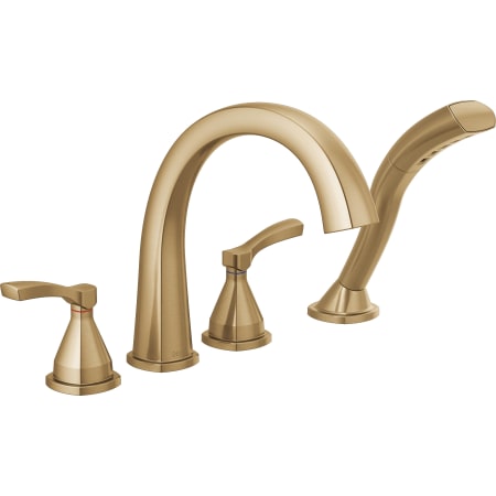 Delta Stryke Deck Mounted Roman Tub Filler with Built-In Diverter and Lever Handles - Includes Hand Shower Lumicoat Champagne Bronze
