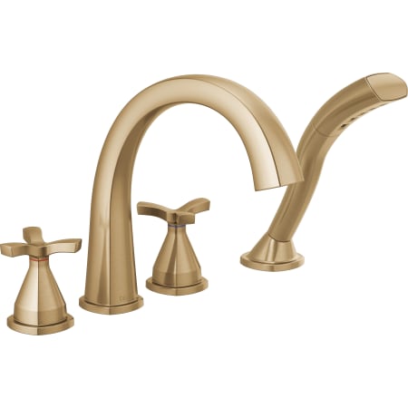 Delta Stryke Deck Mounted Roman Tub Filler with Built-In Diverter and Helo Style Handles - Includes Hand Shower Lumicoat Champagne Bronze