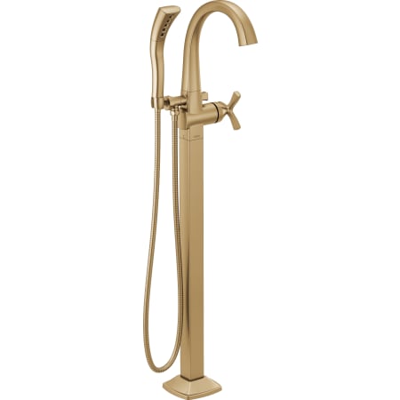Delta Stryke Floor Mounted Tub Filler with Integrated Diverter, Hand Shower, Arc Spout, and Helo Style Handle - Less Rough In Lumicoat Champagne Bronze