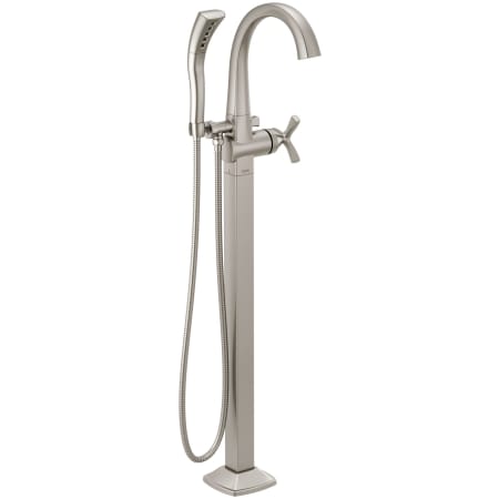 Delta Stryke Floor Mounted Tub Filler with Integrated Diverter, Hand Shower, Arc Spout, and Helo Style Handle - Less Rough In Brilliance Stainless