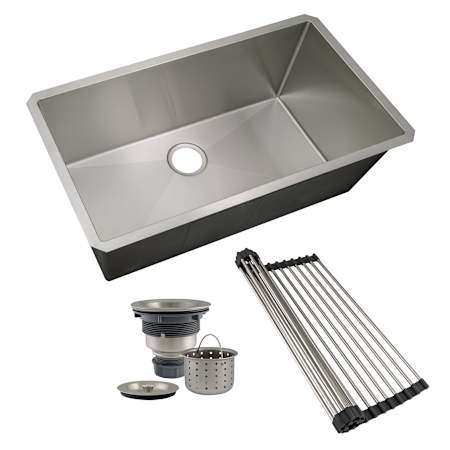 Design House Undermount Sink Kitchen Combo with Sink, Roll-Up Drying Rack and Drain Strainer Basket Satin Stainless Steel