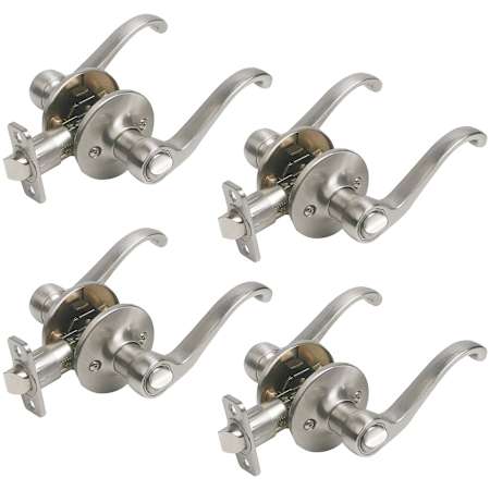 Design House Scroll Privacy Door Lever Set with Round Rose - Pack of 4 Satin Nickel