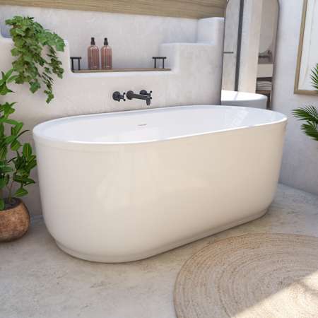 DreamLine Encore 60" Free Standing Acrylic Soaking Tub with Center Drain, Drain Assembly, and Overflow White / Brushed Brass