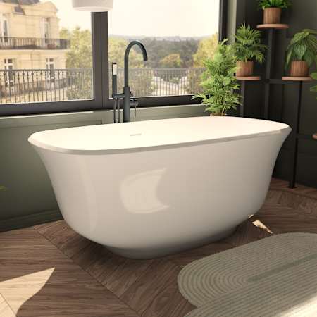 DreamLine Elegance 59" Free Standing Acrylic Soaking Tub with Center Drain, Drain Assembly, and Overflow White / Brushed Brass