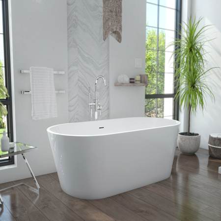 DreamLine Enigma 59" Free Standing Acrylic Soaking Tub with Center Drain, Drain Assembly, and Overflow White / Brushed Brass