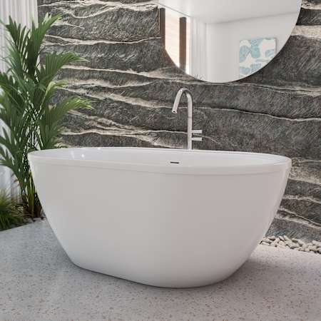 DreamLine Essence 65" Free Standing Acrylic Soaking Tub with Center Drain, Drain Assembly, and Overflow White / Brushed Nickel