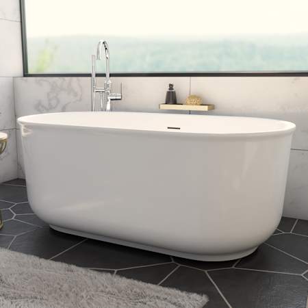 DreamLine Alliance Pro 59" Free Standing Acrylic Soaking Tub with Center Drain, Drain Assembly, and Overflow White
