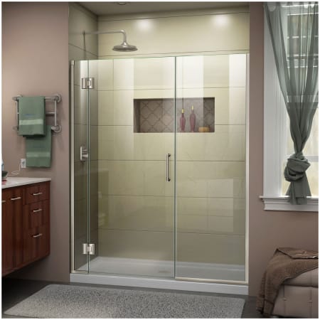 DreamLine Unidoor-X 72" High x 57-1/2" Wide Hinged Frameless Shower Door with Clear Glass Brushed Nickel