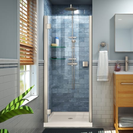 DreamLine Lumen 36" D x 36" W x 74 3/4" H Hinged Shower Door with Acrylic Base Kit Brushed Nickel