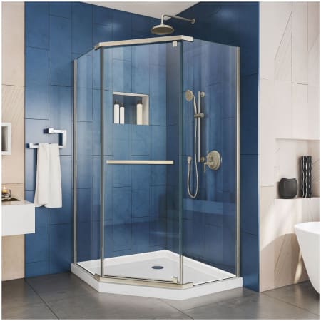 DreamLine Prism 74-3/4" High x 36" Wide Frameless Neo-Angle Shower Module with Pivot Shower Door and Center Drain Base Brushed Nickel