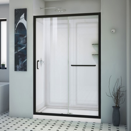 DreamLine Infinity-Z 76-3/4" High x 48" Wide x 36" Deep Alcove Shower Module with Clear Sliding Shower Door, Center Drain Base, and Acrylic Backwall Kit Matte Black