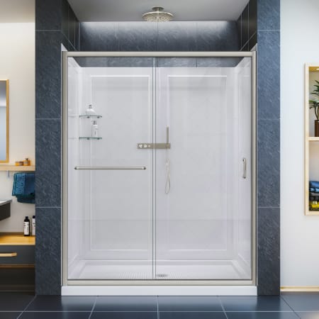 DreamLine Infinity-Z 76-3/4" High x 60" Wide Sliding Framed Shower Door with Clear Glass and 32" Deep x 60" Wide Shower Base with Center Drain Brushed Nickel