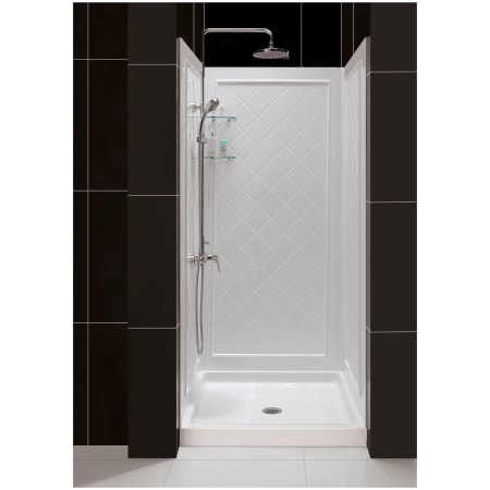 DreamLine SlimLine Shower Installation Package with 76-3/4" High x 32" Wide x 32" Deep Shower Walls and 32" by 32" Single Threshold Shower Base White / Center Drain