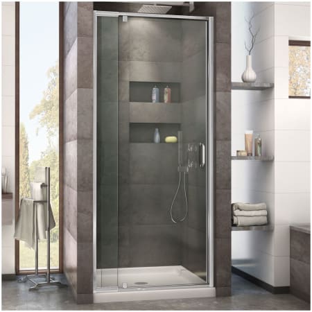 DreamLine Flex 74-3/4" H x 32" W x 32" D Hinged Frameless Shower Enclosure with Clear Glass Chrome with Biscuit Base