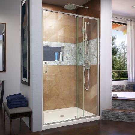 DreamLine Flex 34" D x 42" W x 74 3/4" H Semi Frameless Shower Door with Center Drain Base Kit Brushed Nickel with Biscuit Base