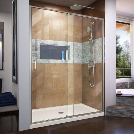 DreamLine Flex 34" D x 60" W x 74 3/4" H Semi Frameless Shower Door with Center Drain Base Kit Brushed Nickel with Biscuit Base