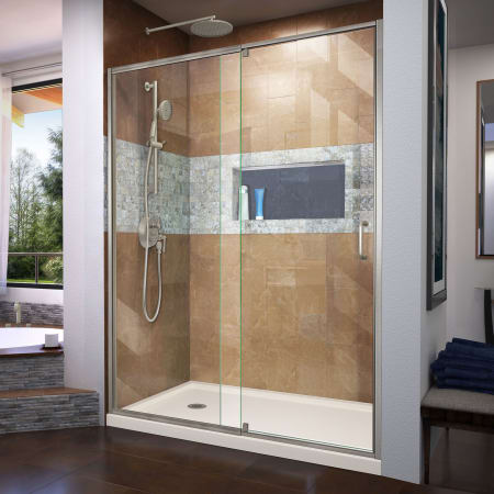 DreamLine Flex 36" D x 60" W x 74 3/4" H Semi Frameless Shower Door with Left Drain Base Kit Brushed Nickel with Biscuit Base