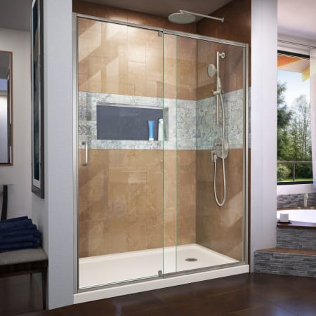 DreamLine Flex 36" D x 60" W x 74 3/4" H Semi Frameless Shower Door with Right Drain Base Kit Brushed Nickel with Biscuit Base