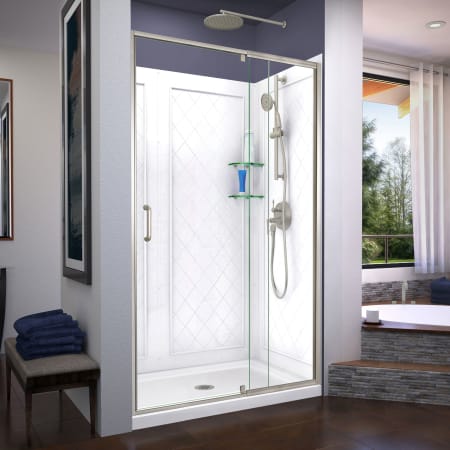 DreamLine Flex 36" D x 48" W x 76 3/4" H Semi Frameless Shower Door with Center Drain Base and Backwalls Brushed Nickel