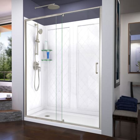 DreamLine Flex 30" D x 60" W x 76 3/4" H Semi Frameless Shower Door with Left Drain Base and Backwalls Brushed Nickel