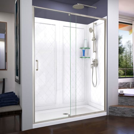 DreamLine Flex 32" D x 60" W x 76 3/4" H Semi Frameless Shower Door with Center Drain Base and Backwalls Brushed Nickel