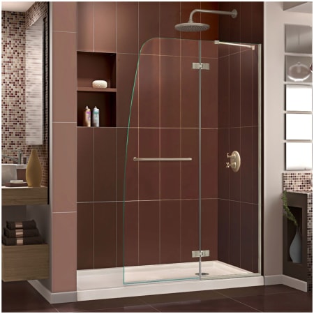 DreamLine Aqua Ultra 74-3/4" High x 60" Wide 30" Deep Hinged, Shower Screen Frameless Shower Door with Clear Glass, SlimeLine Shower Base Kit, and Right Drain Brushed Nickel with Biscuit Base