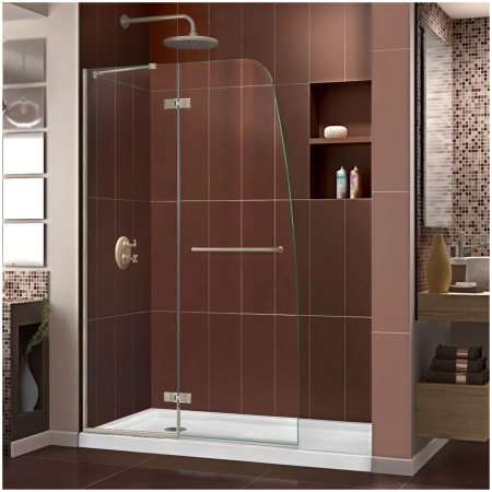 DreamLine Aqua Ultra 74-3/4" High x 60" Wide 34" Deep Hinged Frameless Shower Door with Clear Glass, SlimeLine Shower Base Kit, and Left Drain Brushed Nickel