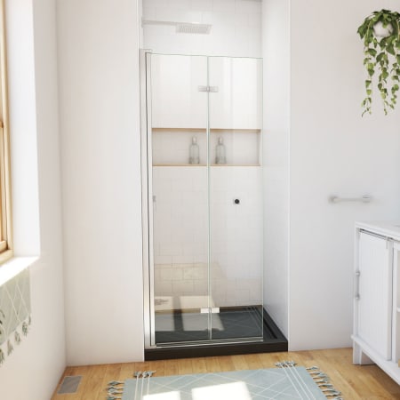 DreamLine Aqua-Q Fold 32" D x 32" W x 74-3/4" H Frameless Bi-Fold Shower Door and Base with Acrylic Kit Brushed Nickel with Black Base